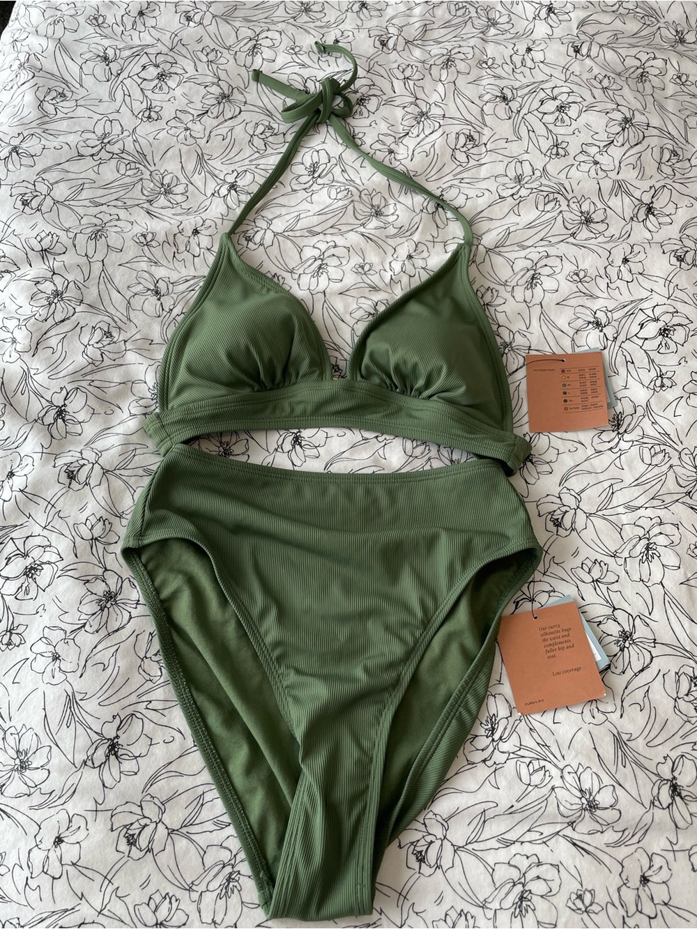 NWT Olive Green High-Waist Ribbed Bikini Set